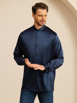 [Azul Oscuro] SilkSilky-ES Long Sleeve Stand Collar Camisa de hombre 005