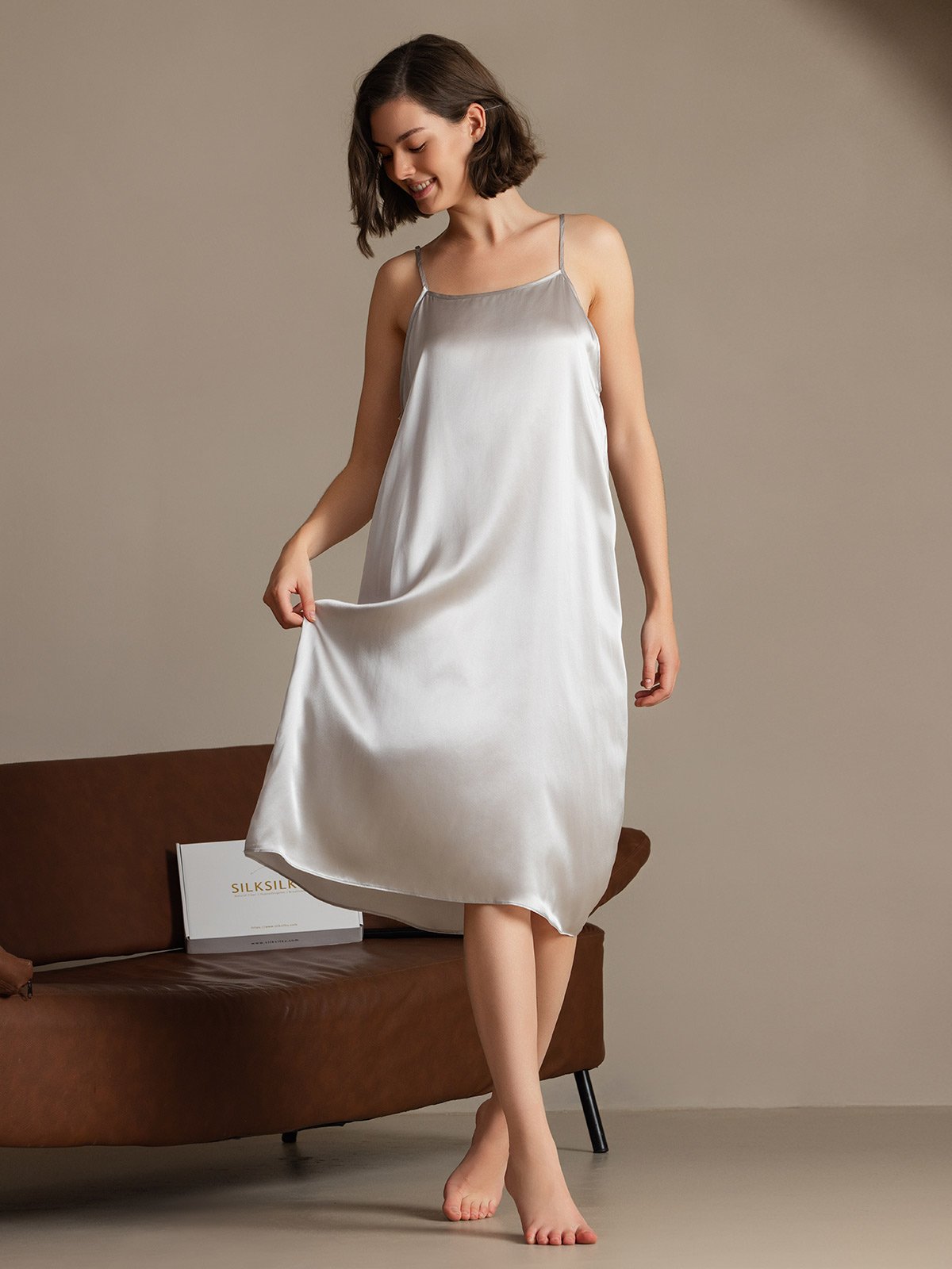 [Gris Claro] SilkSilky-ES 19Momme Seda Sin mangas Dress 005