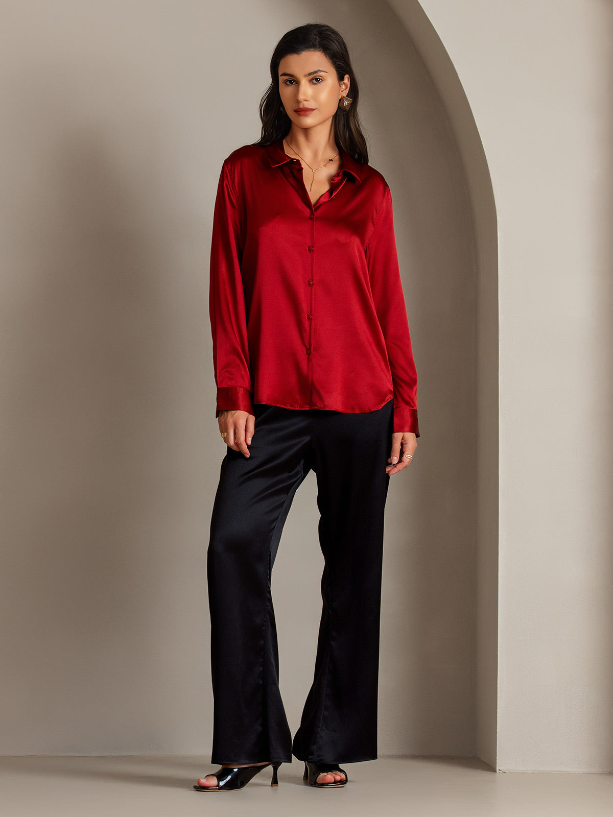 [Rojo] SilkSilky-ES Seda Lapel Collar Blusas de Mujer 005