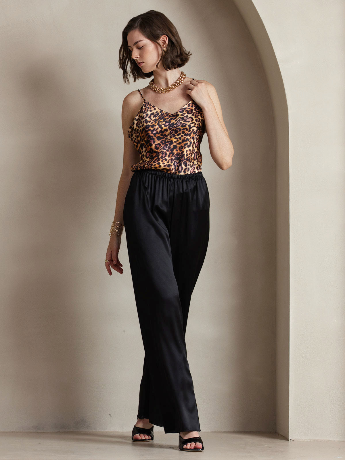 [Leopardo] SilkSilky-ES Seda Pura Cuello en V Top de tirantes 001