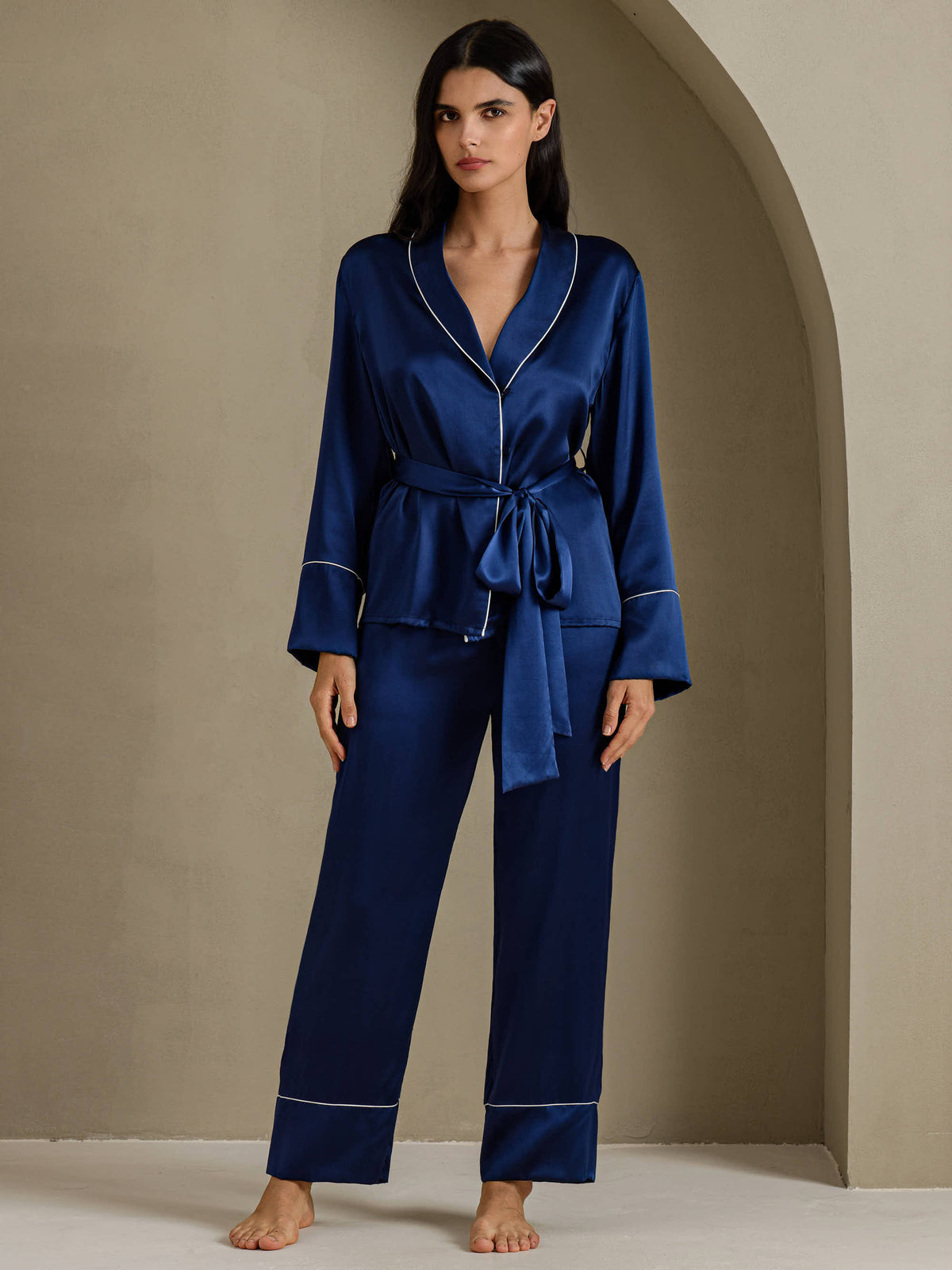 [Azul Oscuro] SilkSilky-ES Long Sleeve Shawl Collar Pijamas de mujer 001