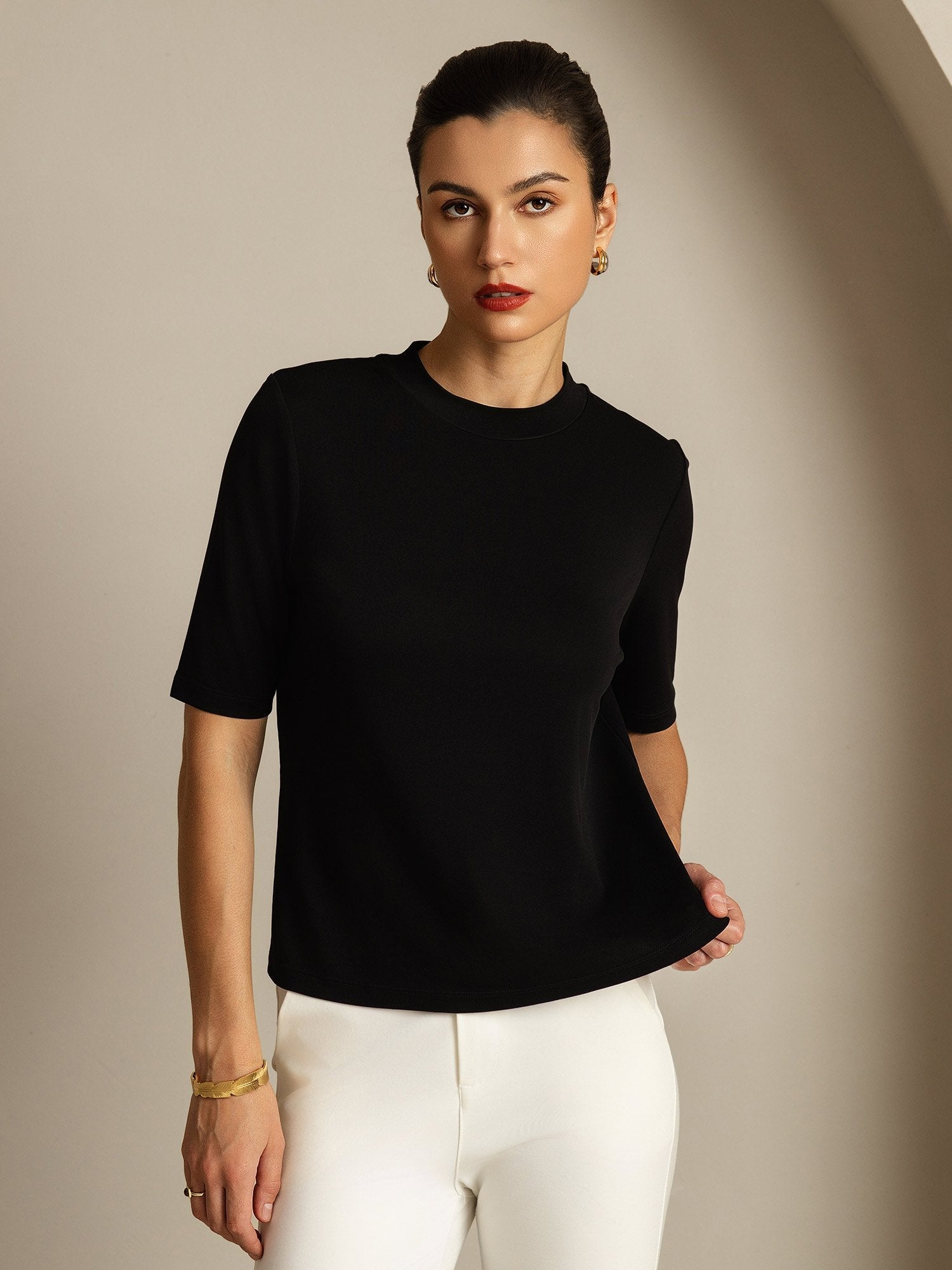 [Negro] SilkSilky-ES Seda Pura Womens T-Shirt 007
