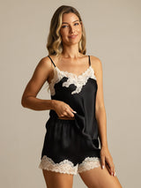 [Negro] SilkSilky-ES Spaghetti Strap V Neck Conjunto de tirantes 006