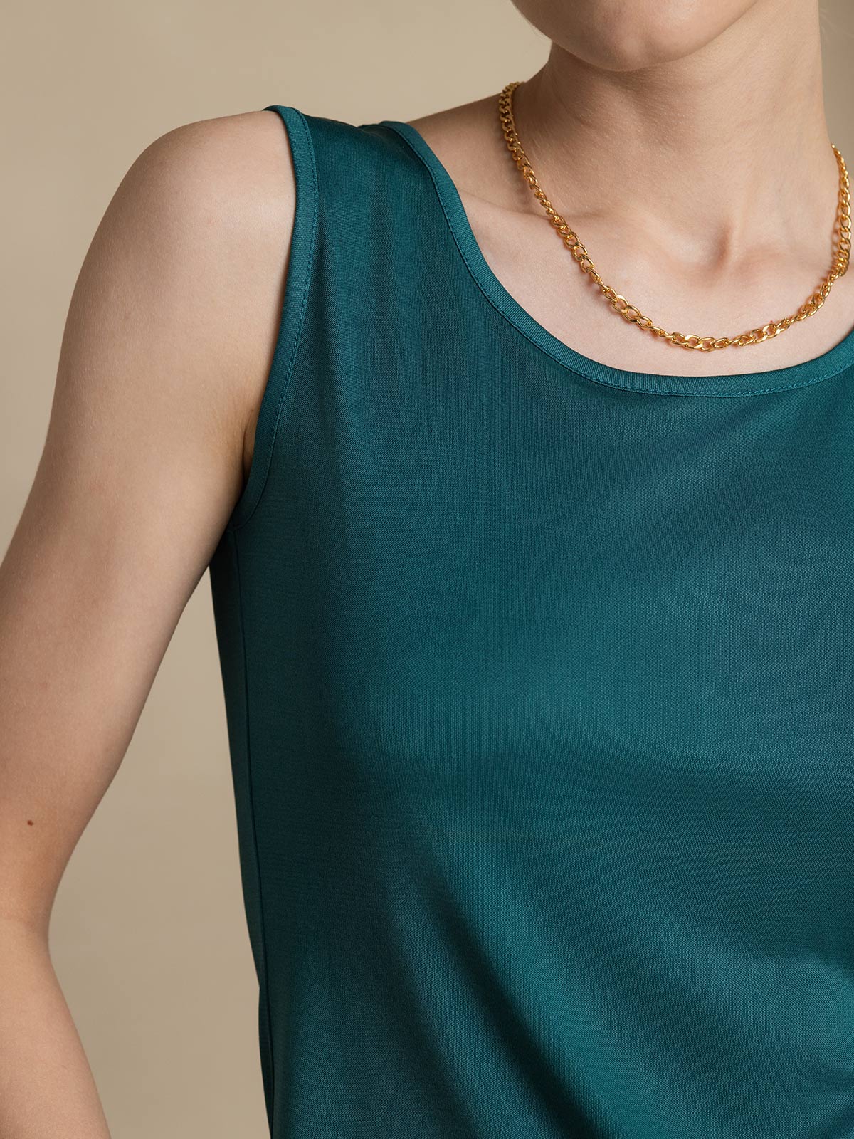 [Verde Oscuro] SilkSilky-ES Tejido de seda Sin mangas Round Neck Camisetas de Mujer 007