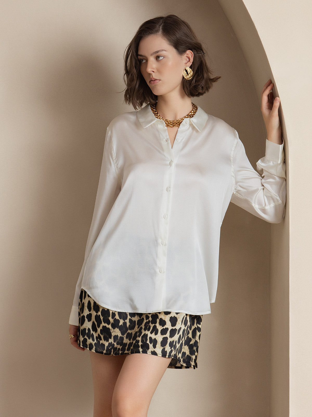 [Blanco] SilkSilky-ES 19Momme Manga larga Cuello con Solapa Blusas de Mujer 003