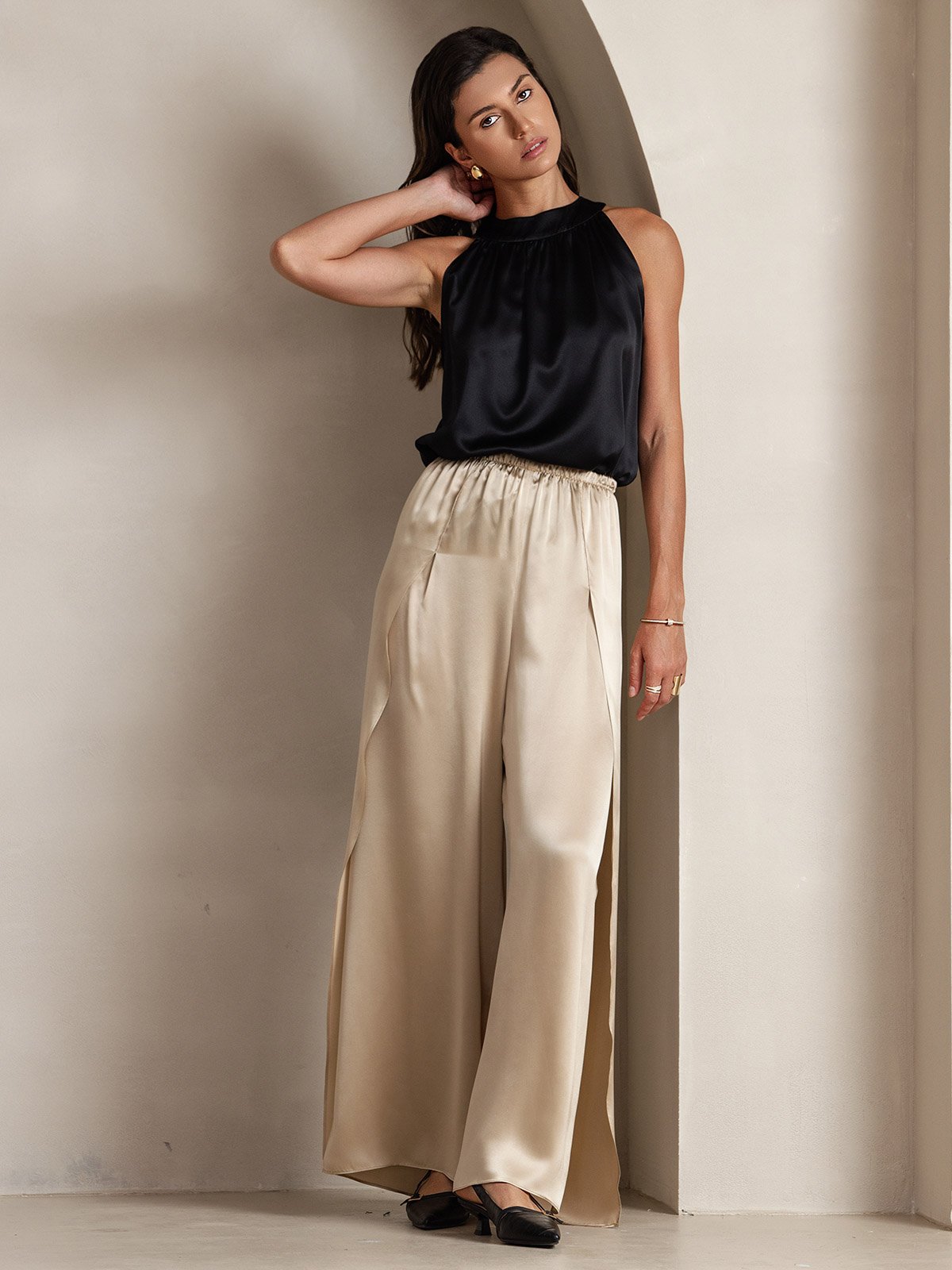 [Negro] SilkSilky-ES 19Momme Seda Sin mangas Womens T-Shirt 005