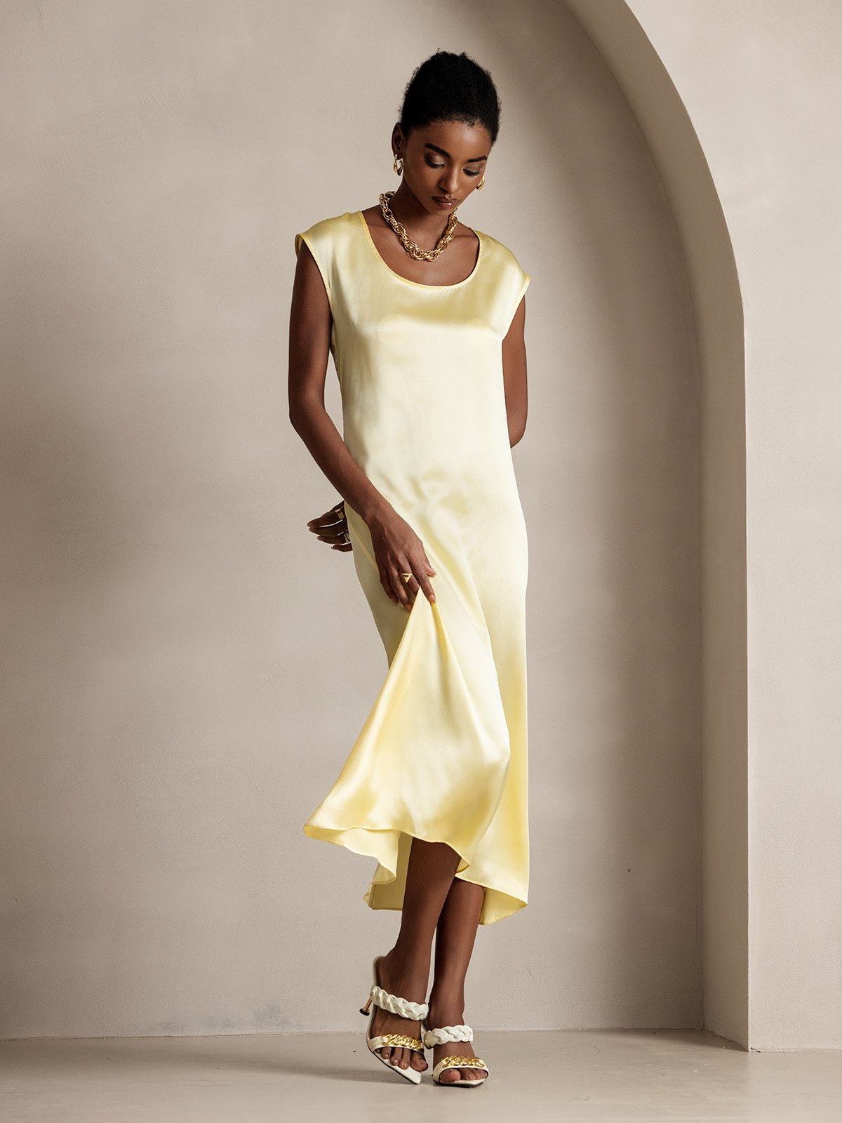 [Amarillo Claro] SilkSilky-ES 19Momme Seda Dress 006