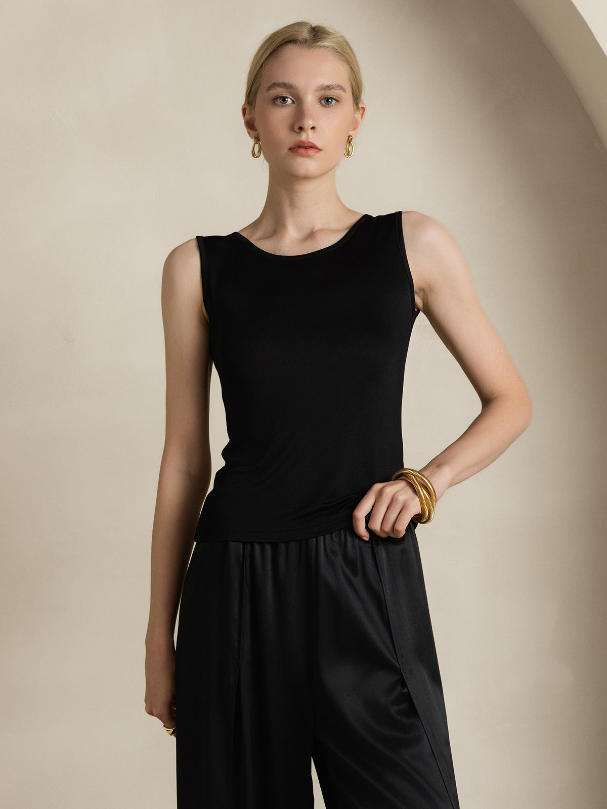 [Negro] SilkSilky-ES Tejido de seda Womens T-Shirt 003