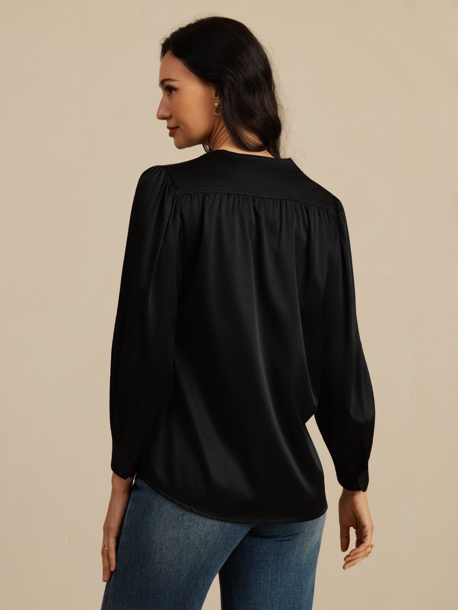 [Negro] SilkSilky-ES 19Momme Long Sleeve Round Neck Blusa 002