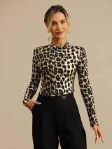 [Leopardo] SilkSilky-ES Manga larga Cuello Simulacro Camisetas de Mujer 007