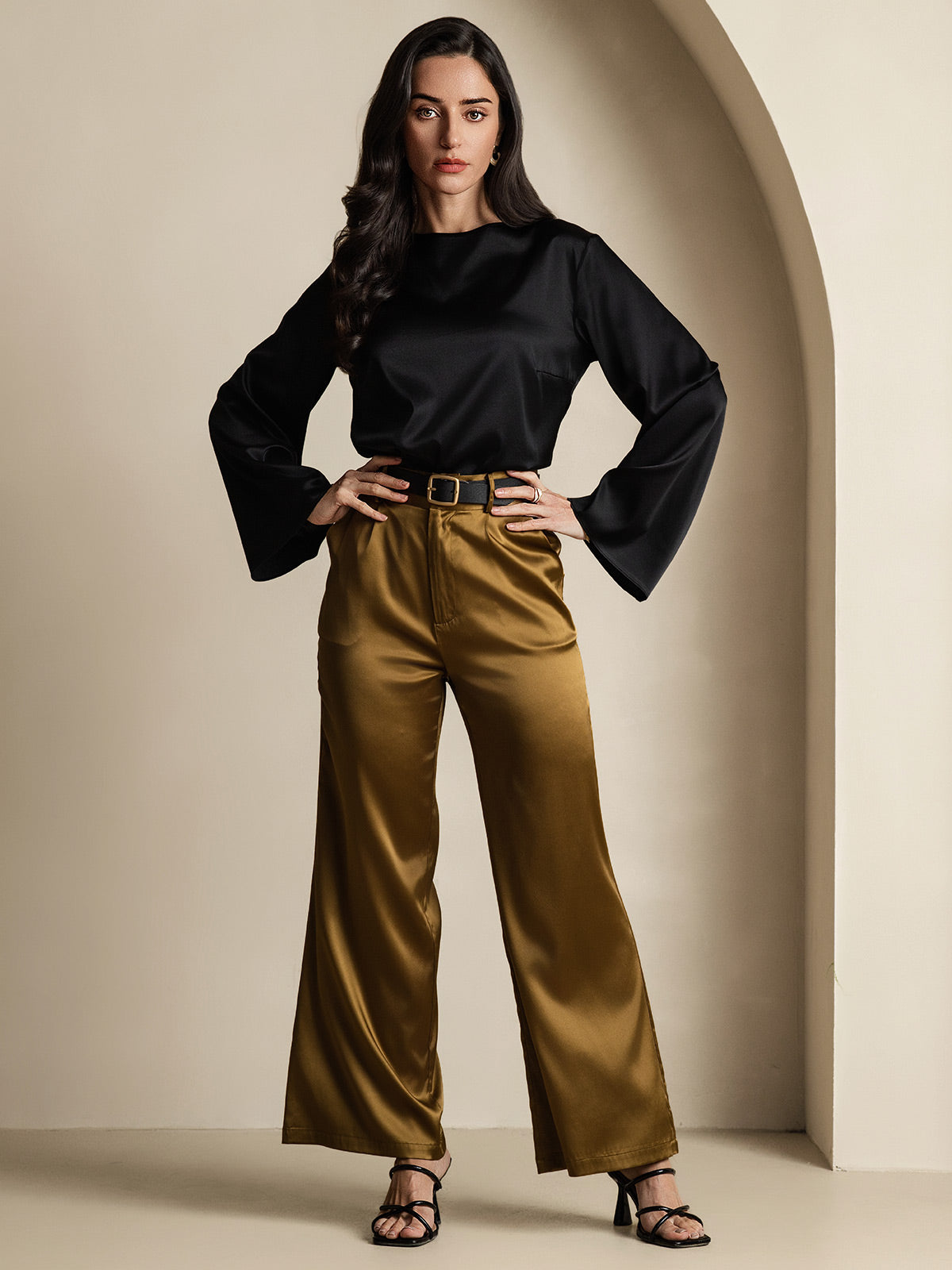 [Negro] SilkSilky-ES 19Momme Seda Manga larga Blouse 007