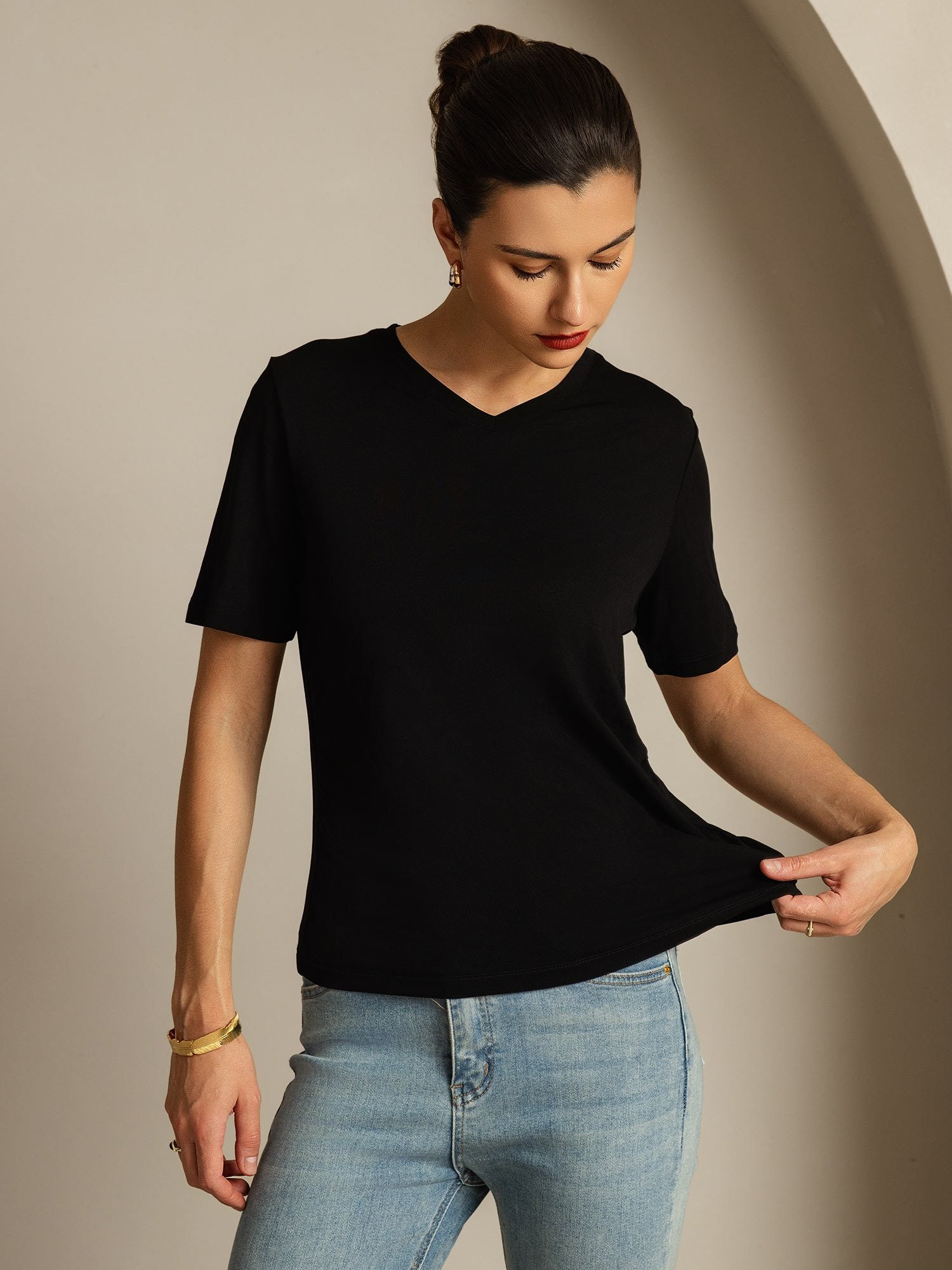 [Negro] SilkSilky-ES Seda Pura Cuello en V Camisetas de Mujer 003