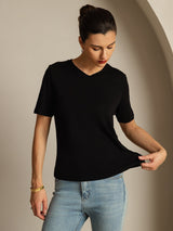 [Negro] SilkSilky-ES Manga corta Cuello en V Camisetas de Mujer 003