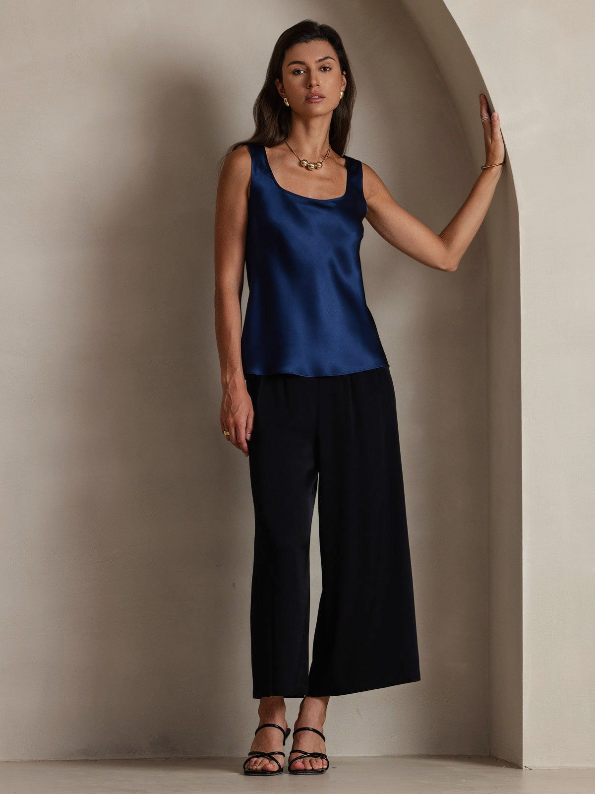 [Azul Oscuro] SilkSilky-ES 19Momme Seda Cuello en U Top de tirantes 006