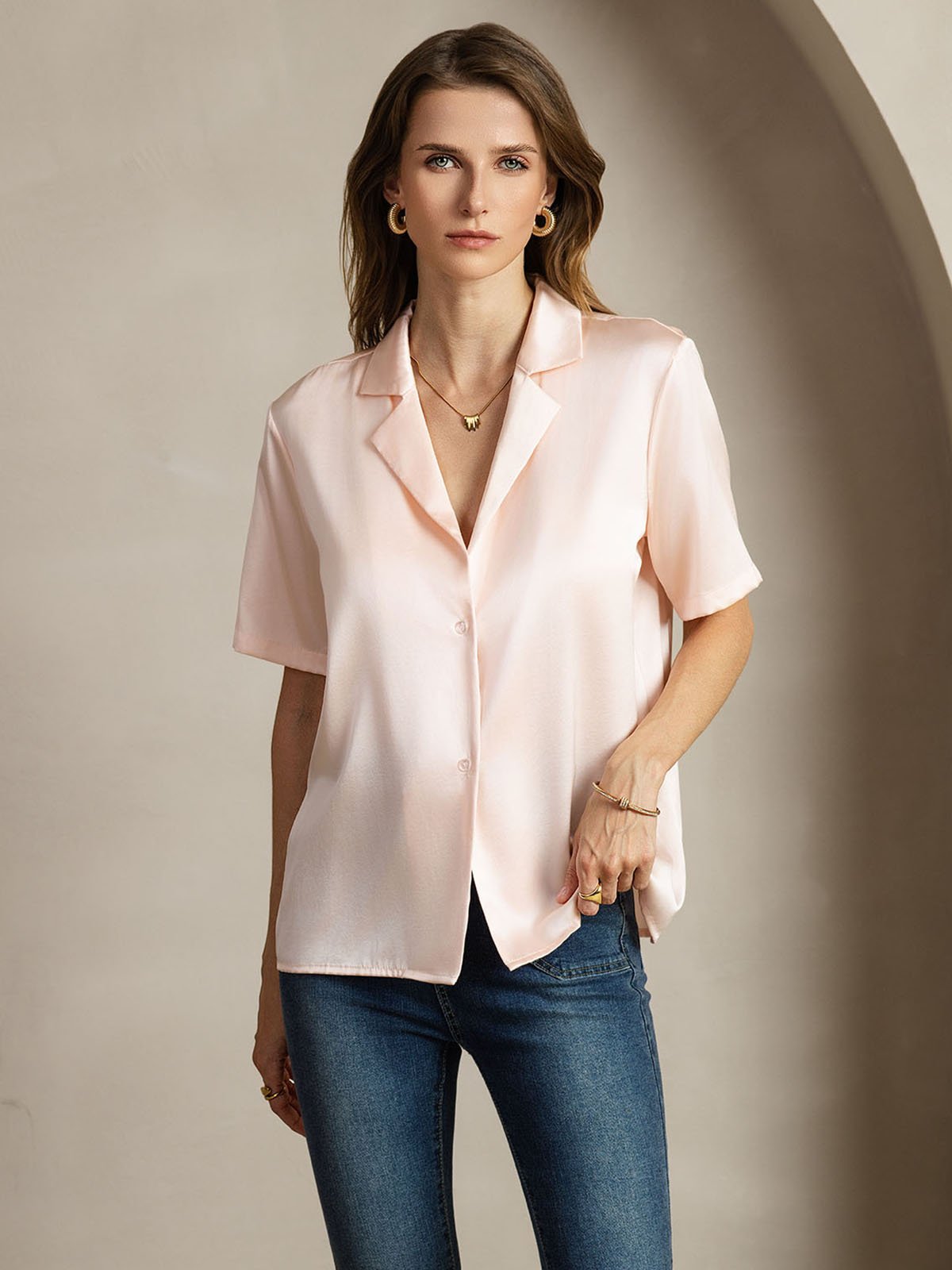 [Rosa] SilkSilky-ES 19Momme Seda Escote V Blusas de Mujer 005