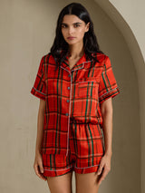 [Cuadros Rojos] SilkSilky-ES Short Sleeve Notch Collar Pijamas de mujer 003