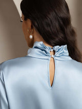 [Azul Grisáceo] SilkSilky-ES 19Momme Seda Escote lágrima Blusas de Mujer 005