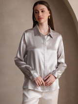 [Gris Claro] SilkSilky-ES 19Momme Manga larga Cuello con Solapa Blusas de Mujer 004