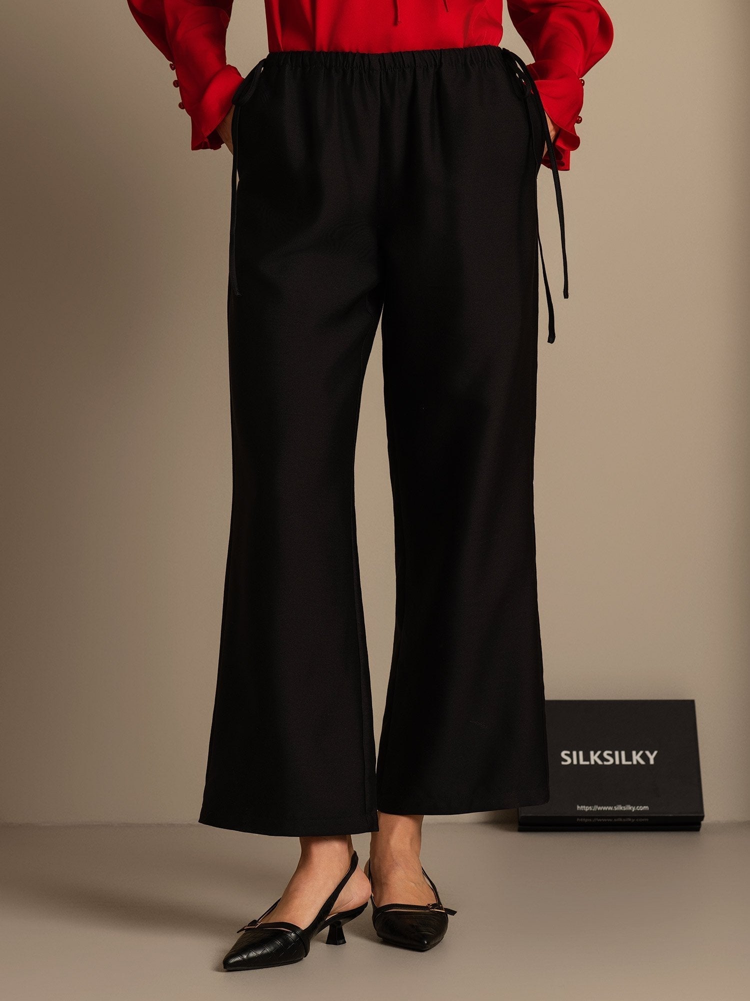 [Negro] SilkSilky-ES 32Momme Silk-Wool Blend Womens Pants 001,