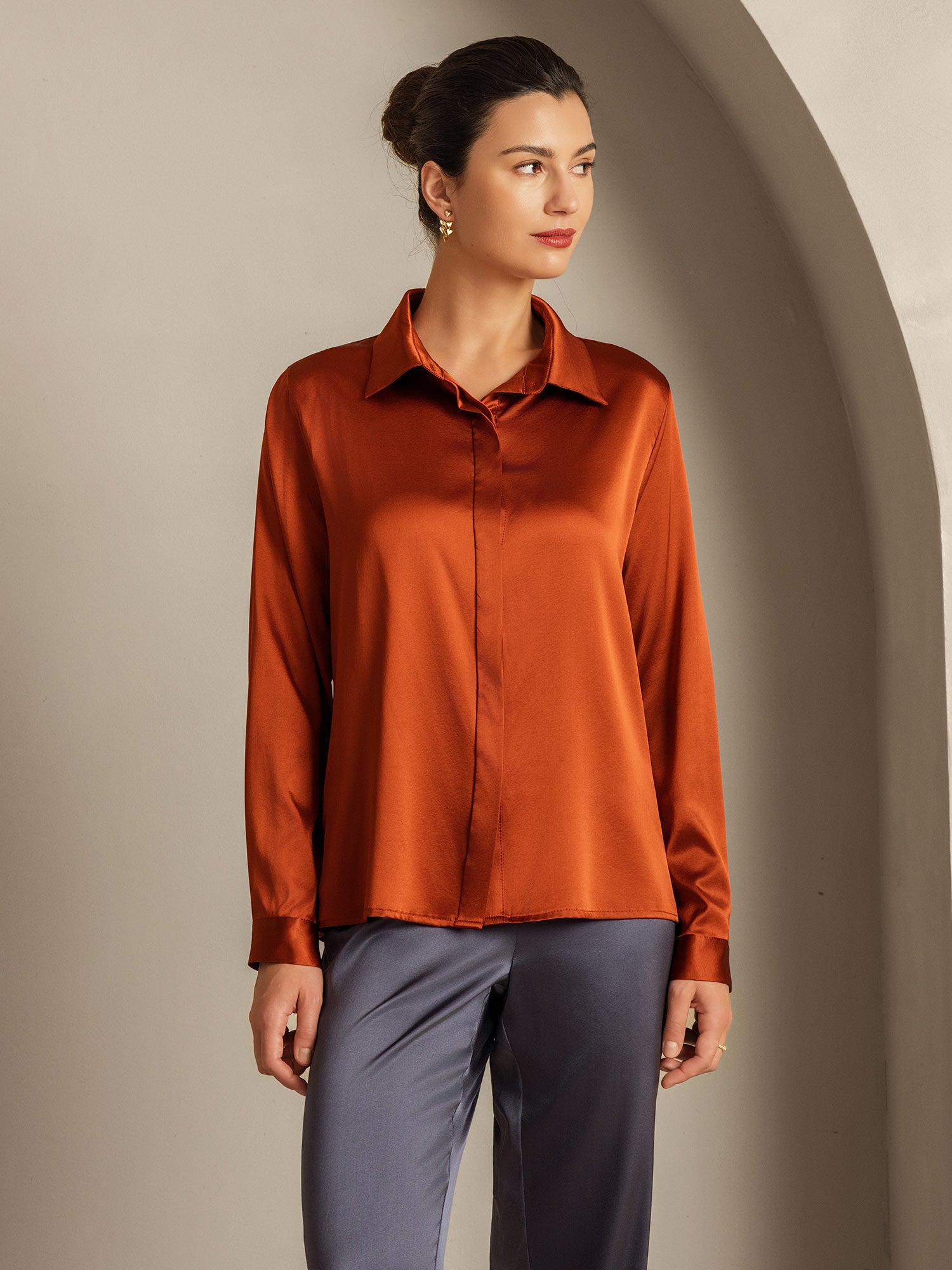 [Caramelo] SilkSilky-ES 19Momme Seda Cuello Camisero Blusas de Mujer 005