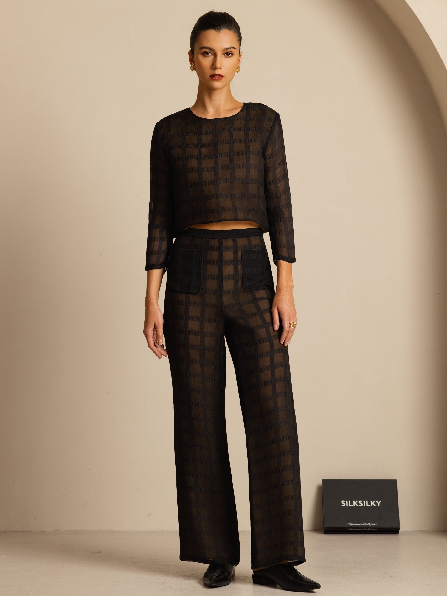 [Negro] SilkSilky-ES Seda Pura Manga larga Cuello Redondo Women''s Outfit Sets 001