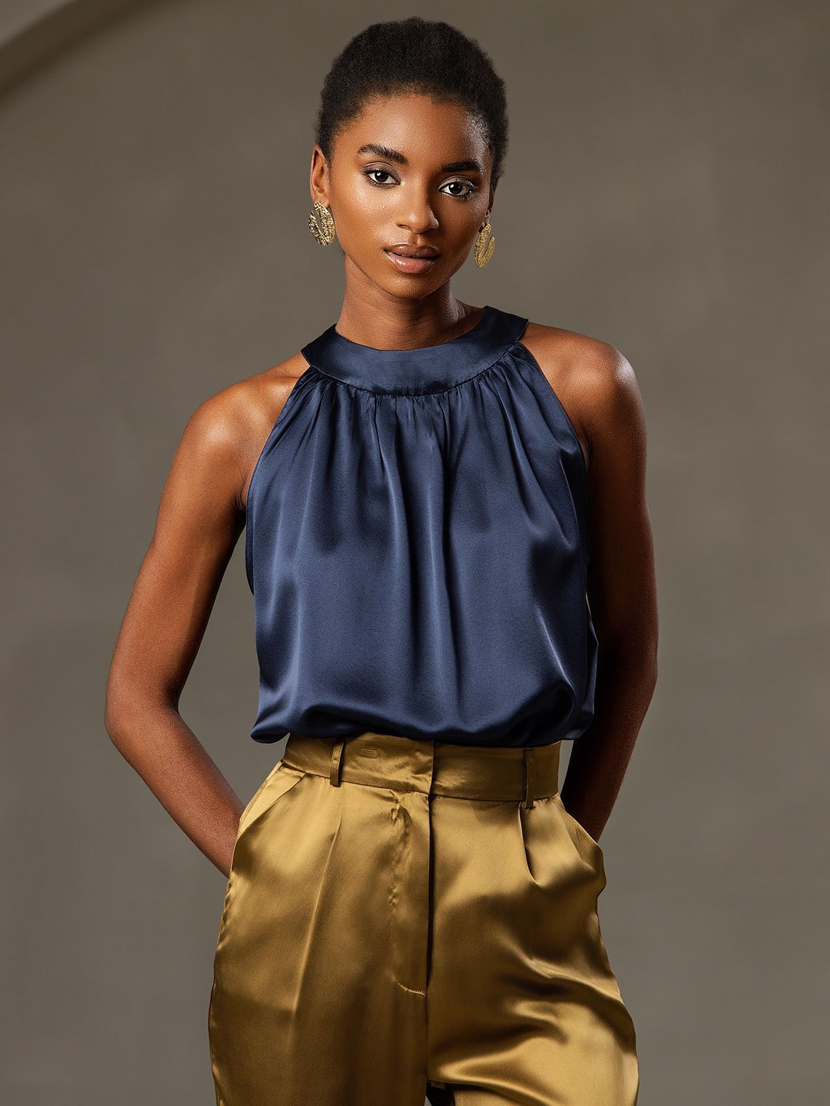 [Azul Oscuro] SilkSilky-ES 19Momme Seda Sin mangas Womens T-Shirt 003