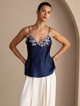 [Azul Oscuro] SilkSilky-ES Spaghetti Strap V Neck Top de tirantes 003