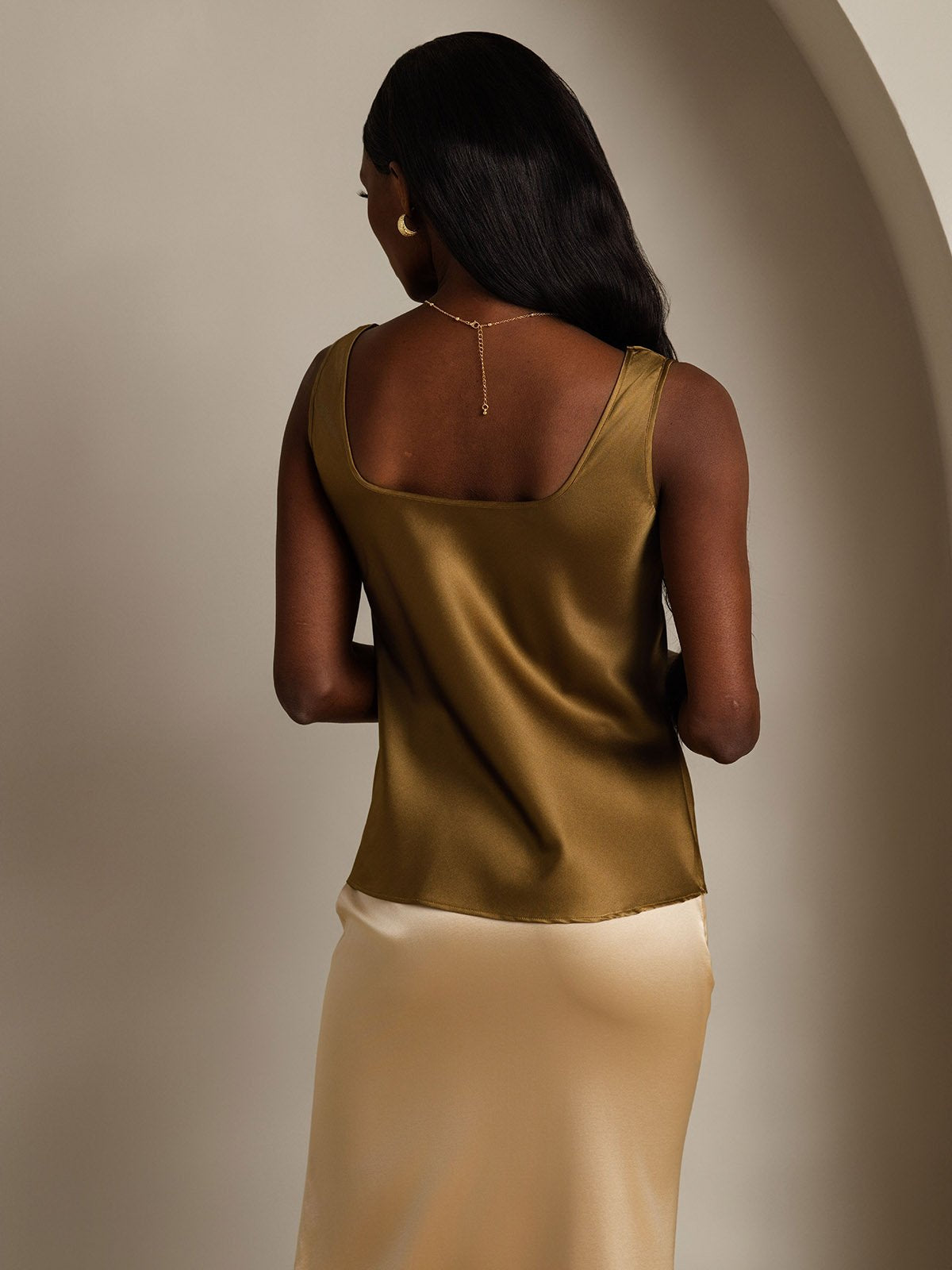 [Marrón] SilkSilky-ES 19Momme Seda Cuello en U Top de tirantes 002