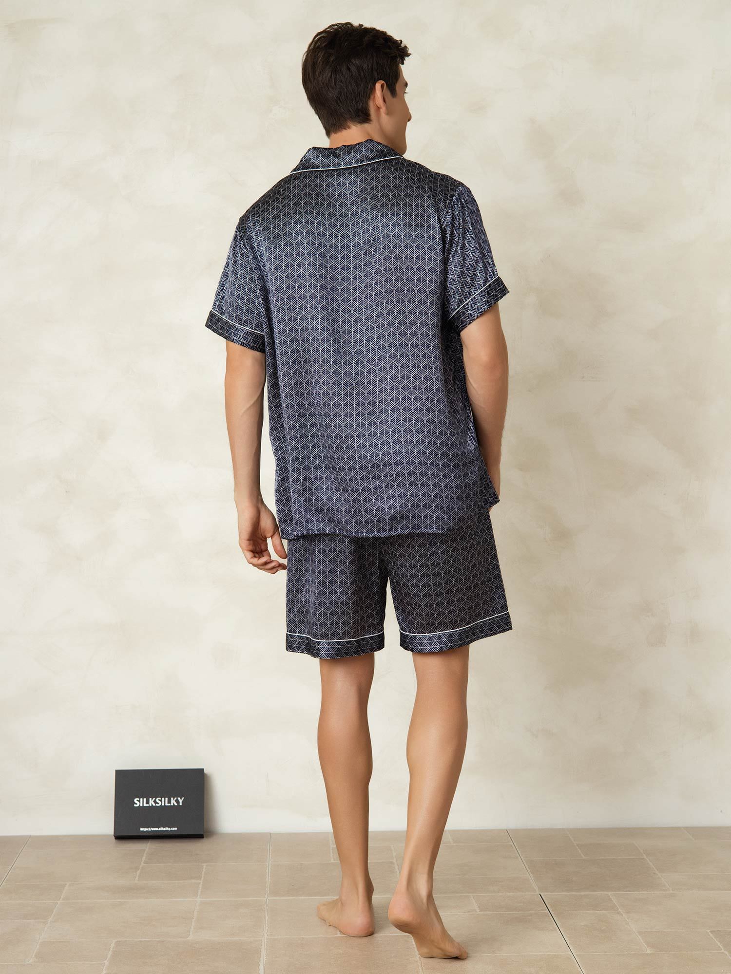 [GinkgoAzulMarino] SilkSilky-ES Seda Pura Lapel Collar Pijamas de hombre 002