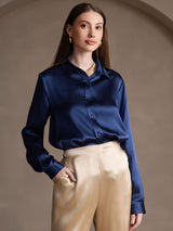 [Azul Oscuro] SilkSilky-ES Long Sleeve Lapel Collar Blusas de Mujer 005