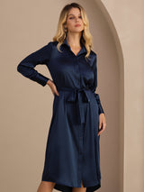 [Azul Oscuro] SilkSilky-ES Long Sleeve Lapel Collar Vestido 001