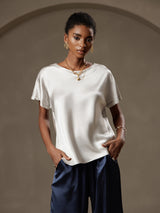 [Gris Claro] SilkSilky-ES 19Momme Manga corta Cuello Barco Camisetas de Mujer 001