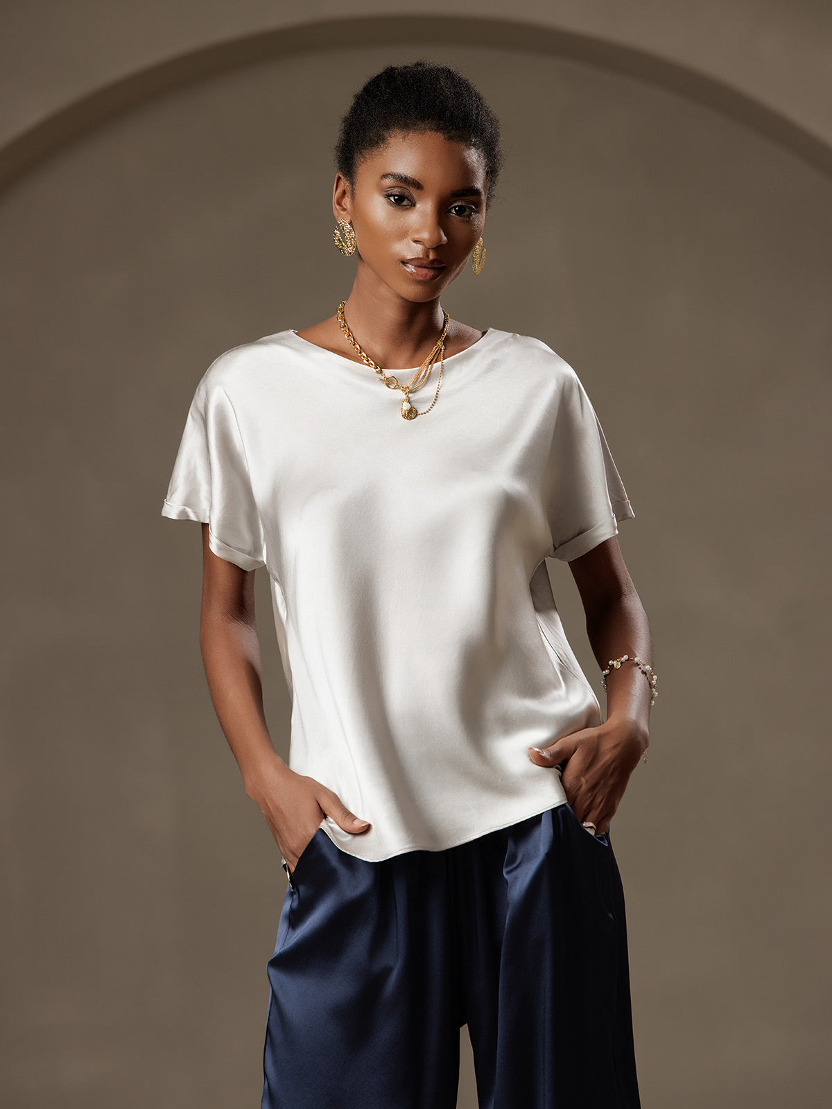 [Gris Claro] SilkSilky-ES 19Momme Seda Womens T-Shirt 001