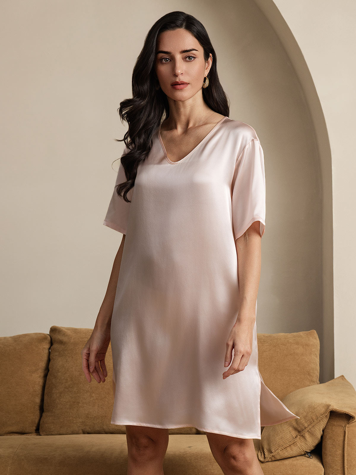 [Rosa Claro] SilkSilky-ES Seda Pura Cuello en V Camisón 004