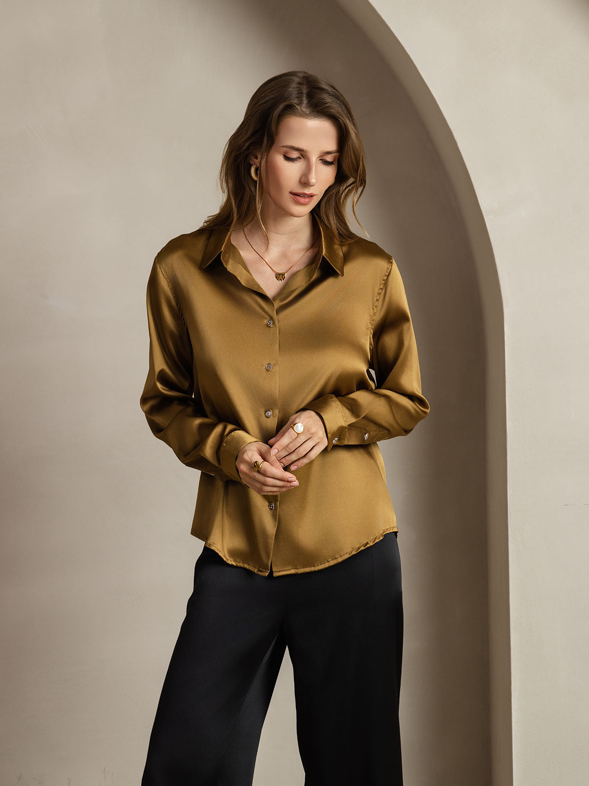 [Bronce] SilkSilky-ES Seda Lapel Collar Blusas de Mujer 006