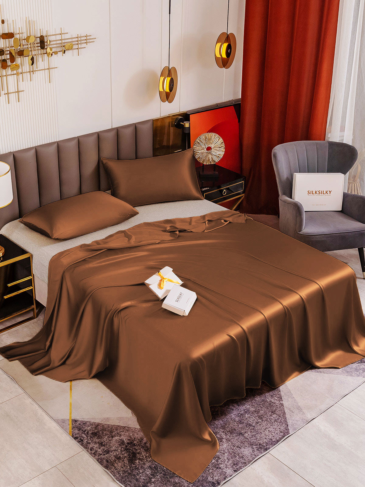 [Café] SilkSilky-ES 19Momme Juego de ropa de cama 001