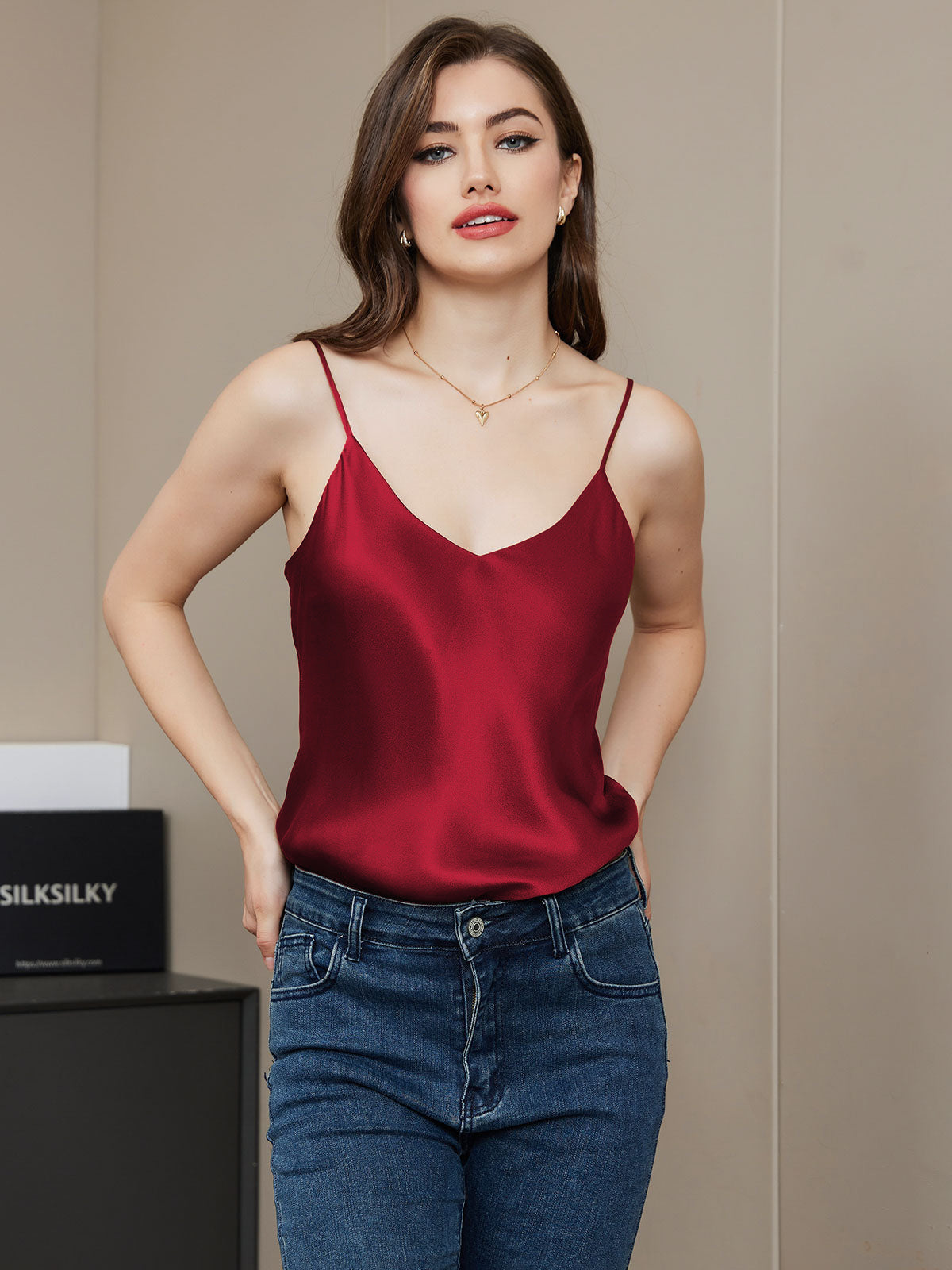 [Rojo Oscuro] SilkSilky-ES Seda Pura Cuello en V Top de tirantes 005