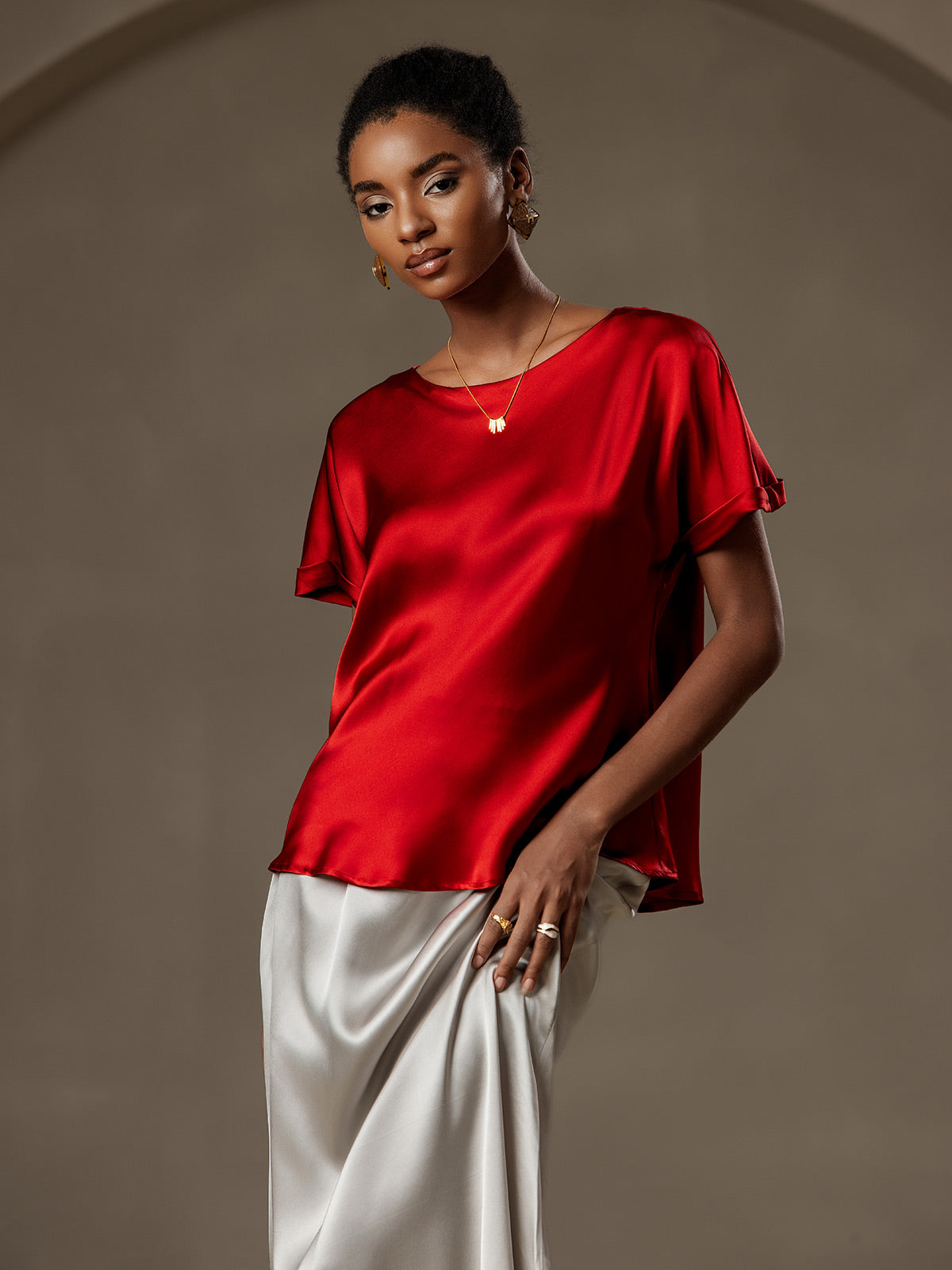 [Vino] SilkSilky-ES 19Momme Seda Womens T-Shirt 001,