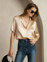 [Champán] SilkSilky-ES Short Sleeve Lapel Collar Blusas de Mujer 001