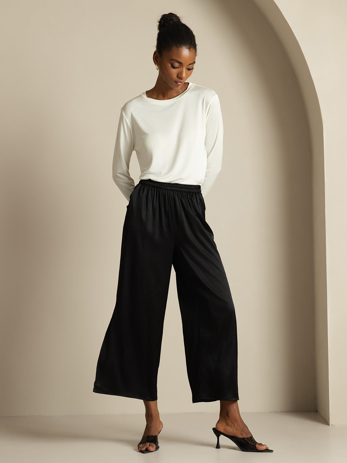 [Negro] SilkSilky-ES 19Momme Seda Womens Pants 005