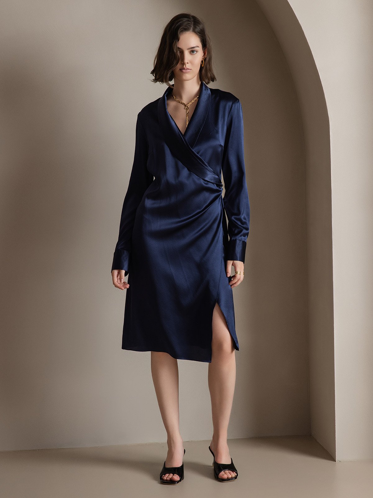 [Azul Oscuro] SilkSilky-ES 19Momme Seda Cuello en V Vestido 003