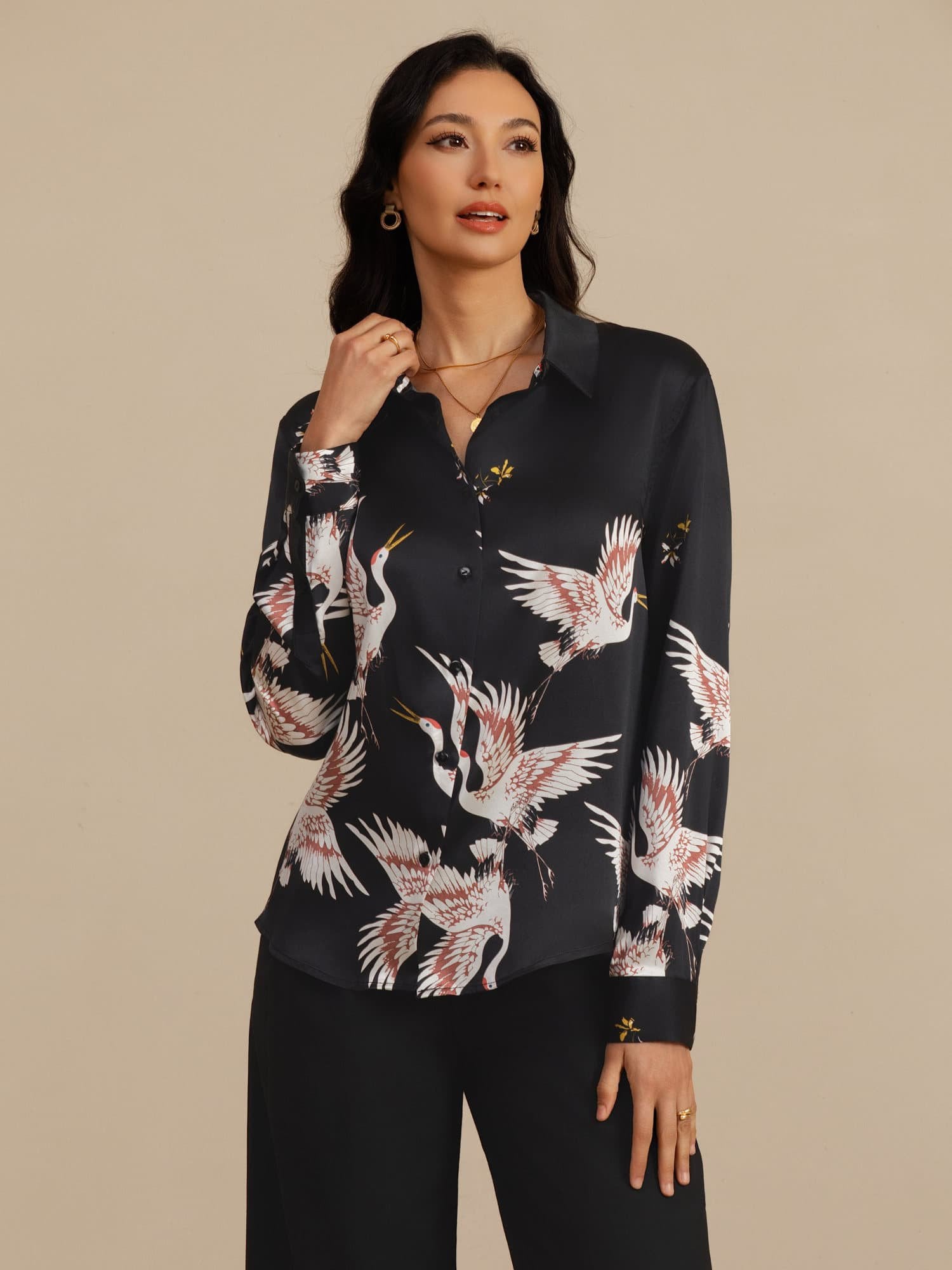 [Negro] SilkSilky-ES 19Momme Manga larga Cuello con Solapa Blusas de Mujer 005