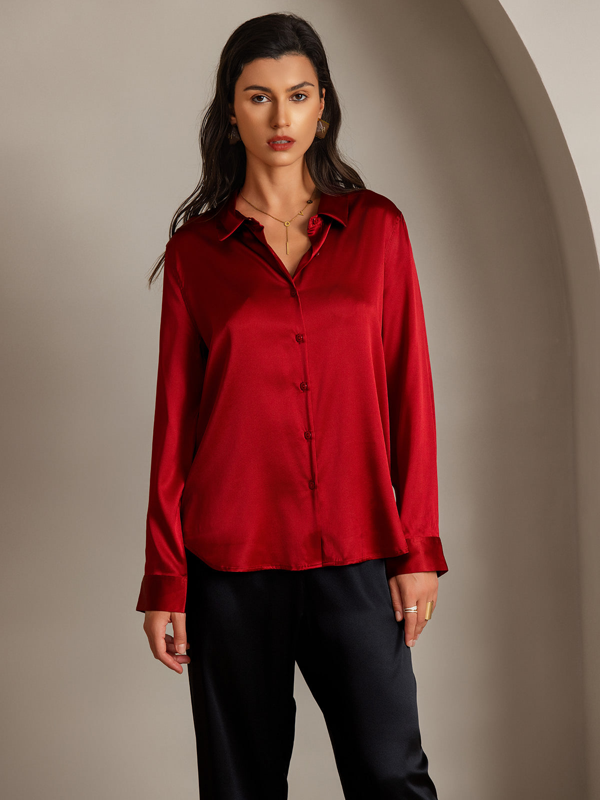 [Rojo] SilkSilky-ES Seda Manga larga Cuello Camisero Blusas de Mujer 003