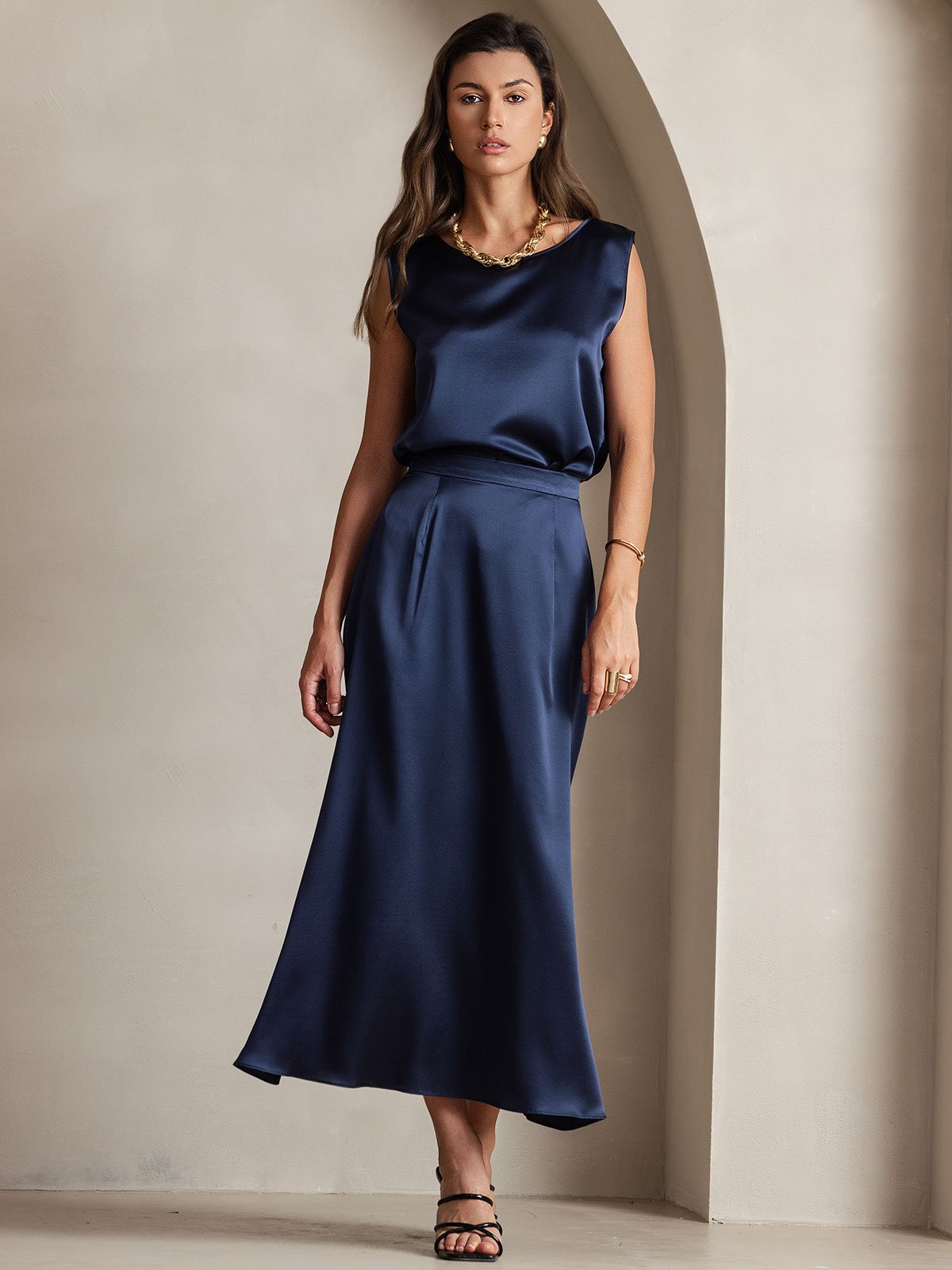 [Azul Oscuro] SilkSilky-ES 19Momme Seda Skirt 005