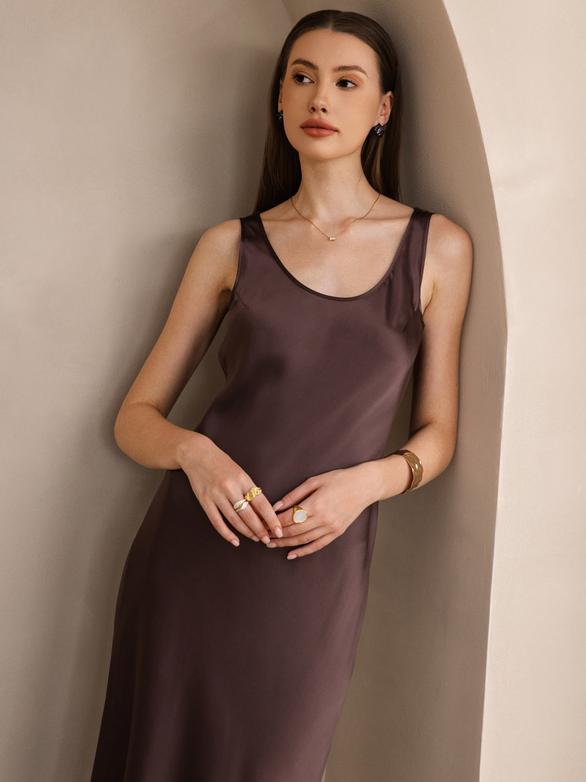 [Café] SilkSilky-ES Seda Pura Cuello Barco Vestido 003