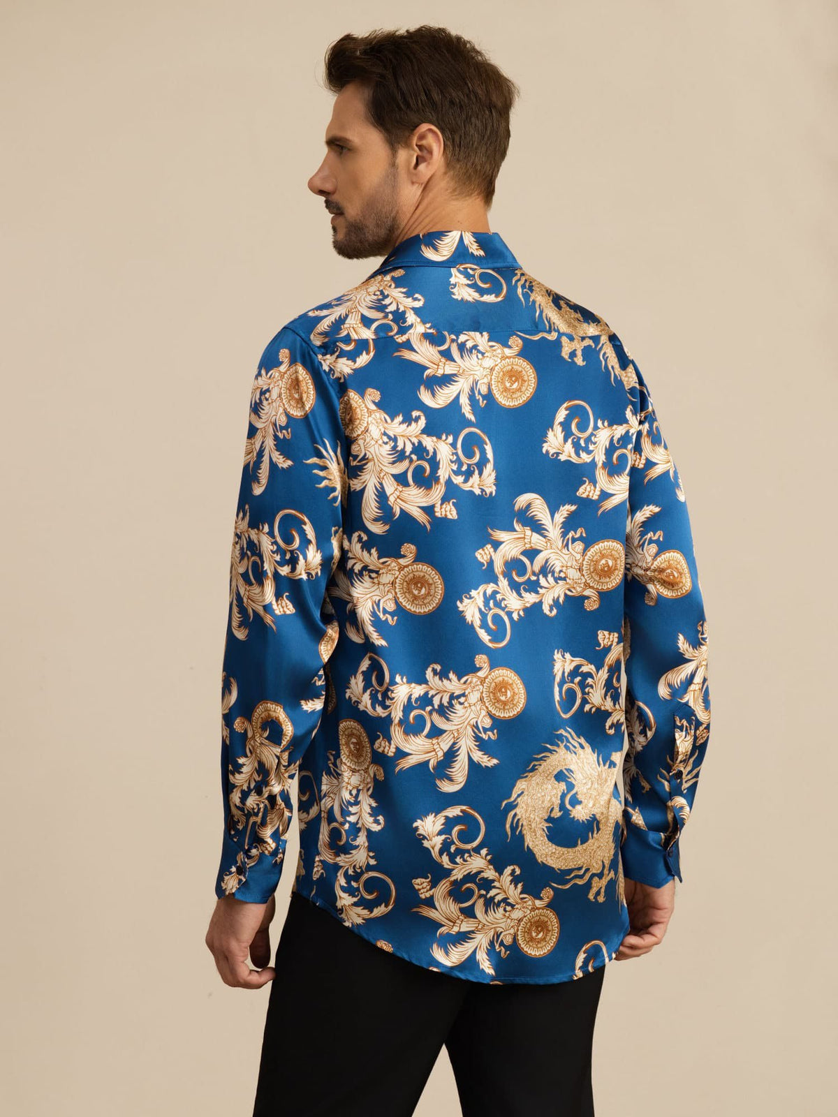 [Dragón Navy] SilkSilky-ES Long Sleeve Lapel Collar Camisa de hombre 002