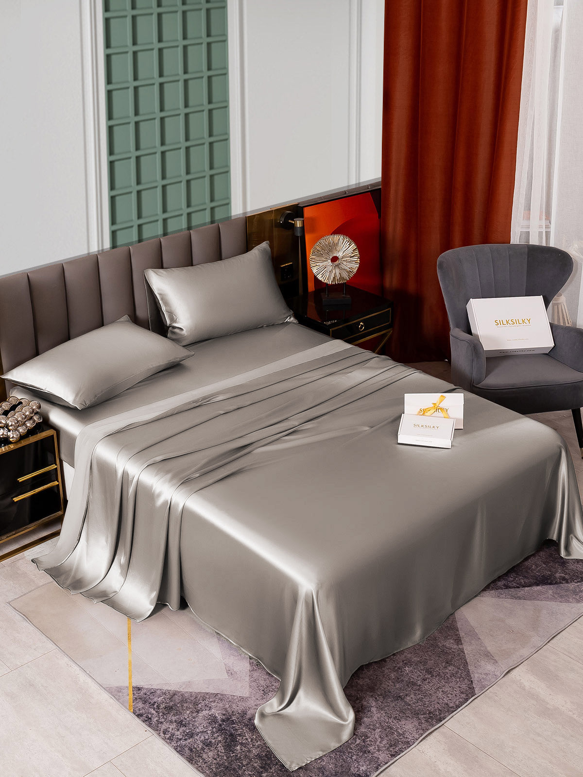 SilkSilky ES 25Momme Seda Pura Bedding Set Gris 002