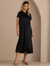 [Negro] SilkSilky-ES Short Sleeve Round Neck Vestido 005