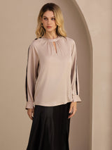 [Marrón Claro] SilkSilky-ES Long Sleeve Keyhole Neck Blusas 004