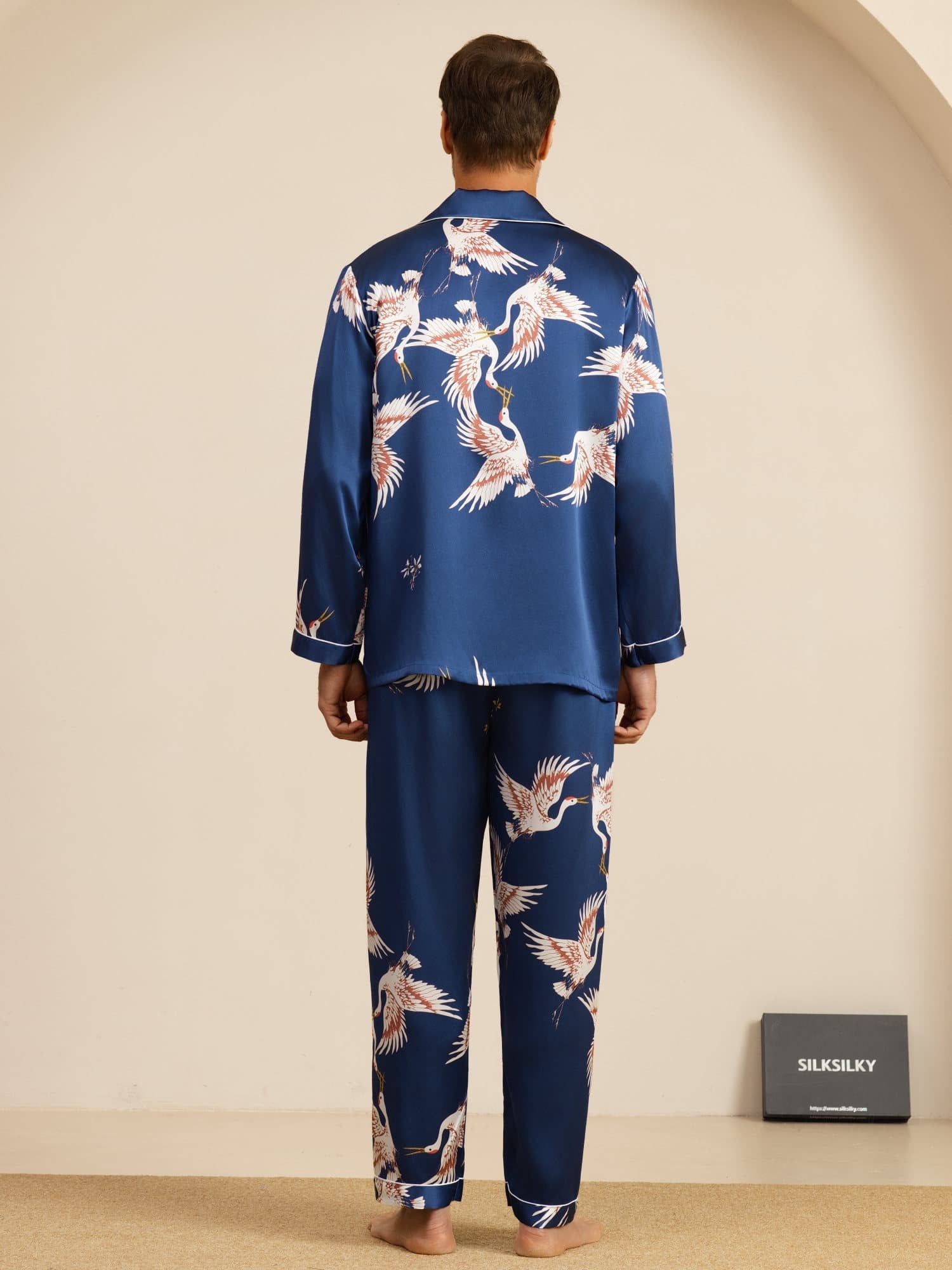 [Azul Oscuro] SilkSilky-ES 19Momme Manga larga Cuello de Muesca Pijamas de hombre 002